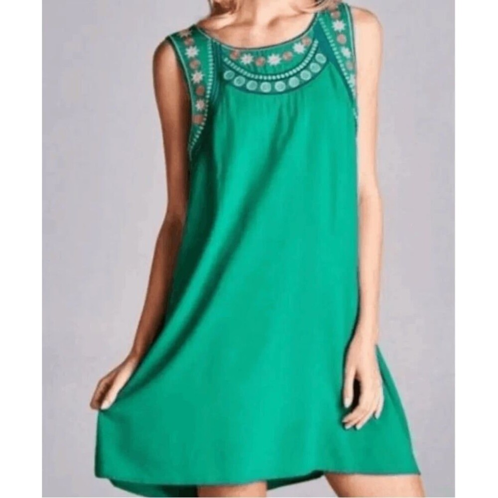 JODIFL Green Embroidered Boho Shift Dress Sleeveless Mini Tunic Floral Women's S